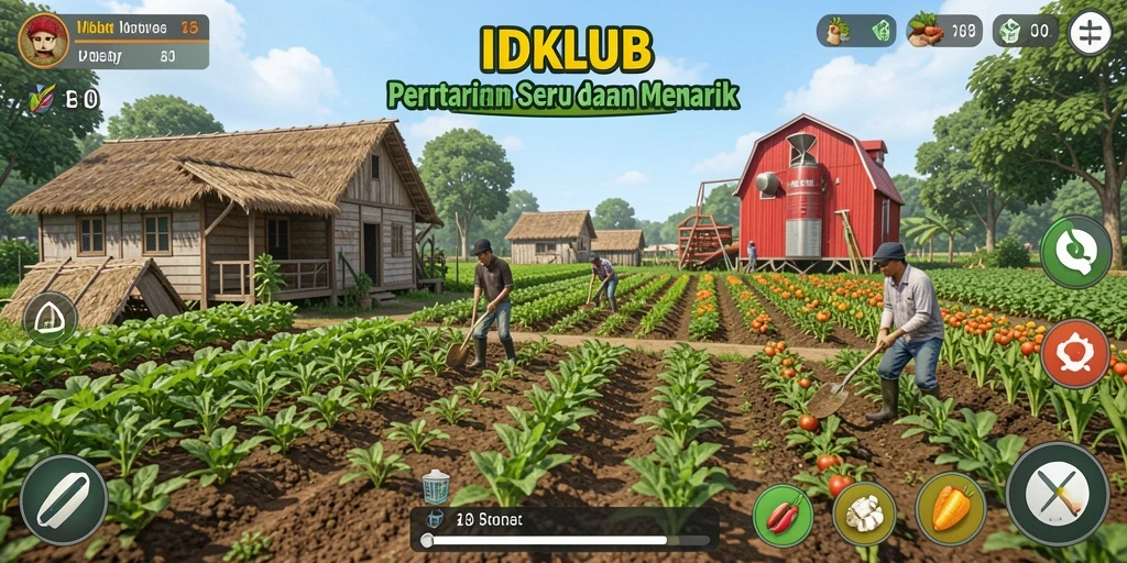 Tampilan gameplay seru permainan pertanian IDKLUB dengan berbagai tanaman.