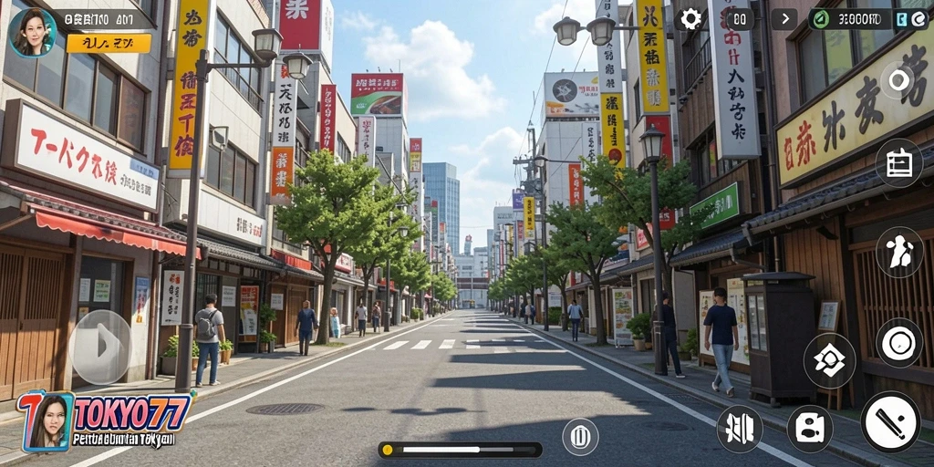 Screenshot utama TOKYO77 menunjukkan gameplay yang penuh warna dan interaktif.